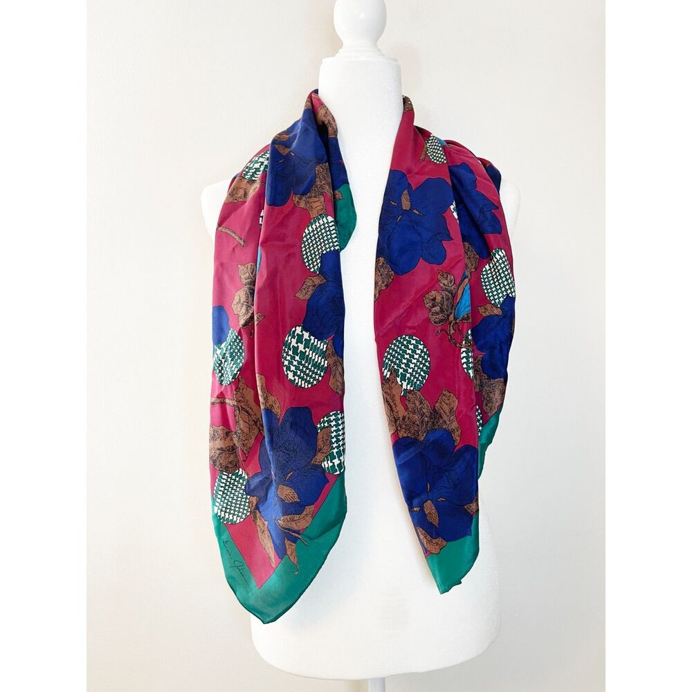 Vintage Ginnie Johansen Floral Silk Scarf Burgundy Green Blue Square Scarf